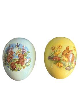 2 Vintage Ceramic Easter Eggs Bear Bunny Rabbit Blue Yellow Spring Estate "